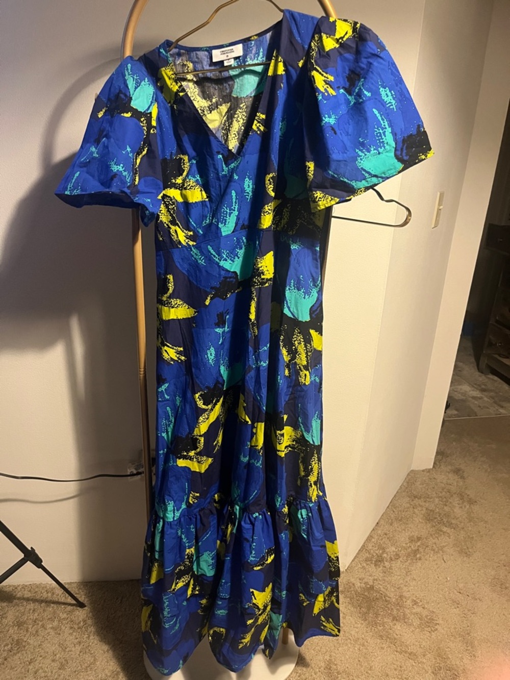 Christopher John Rogers Blue Dress with Teal and Yellow Abstract Accents